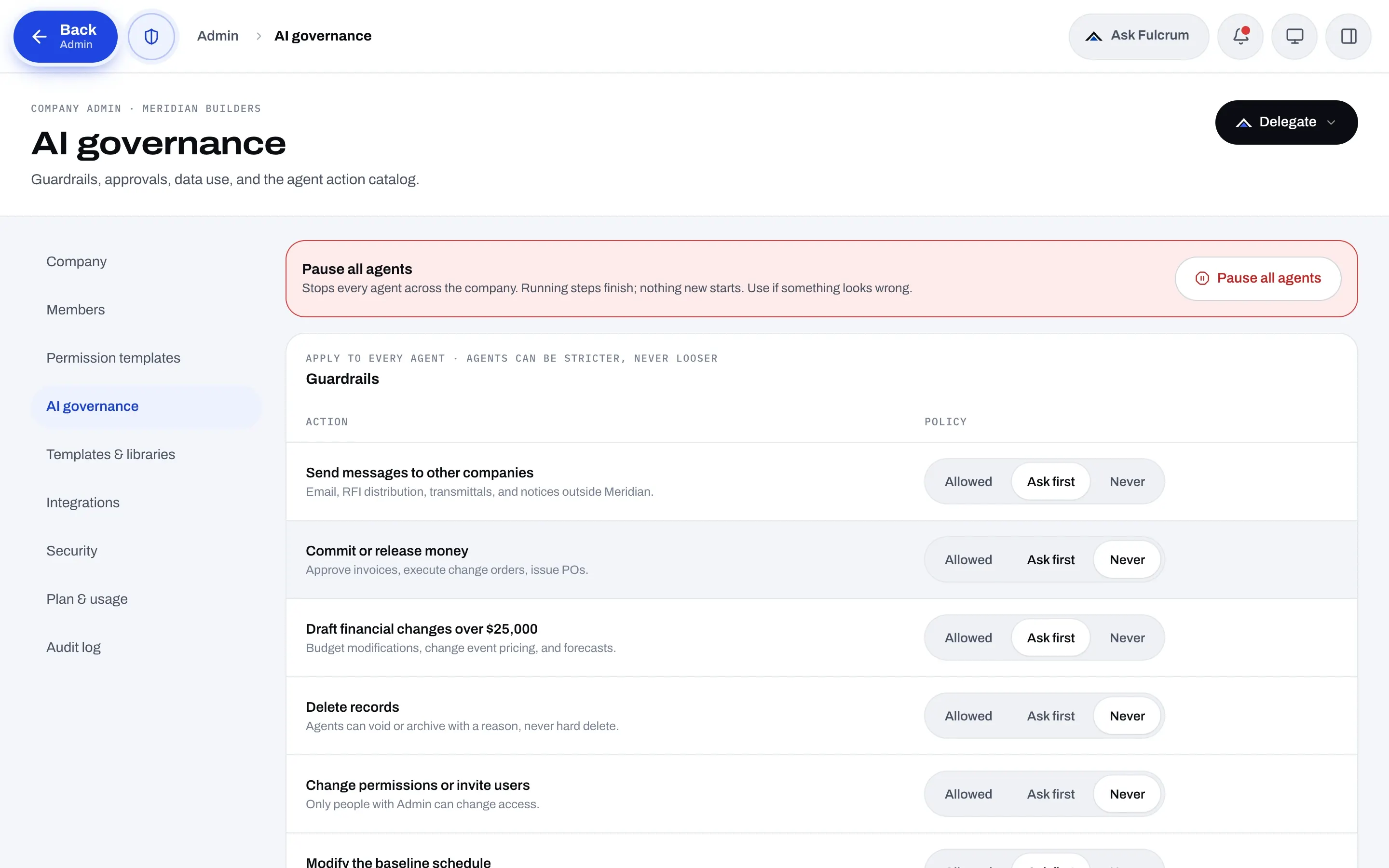 The AI governance page in Fulcrum with a Pause all agents control and company guardrails set to Allowed, Ask first, or Never.
