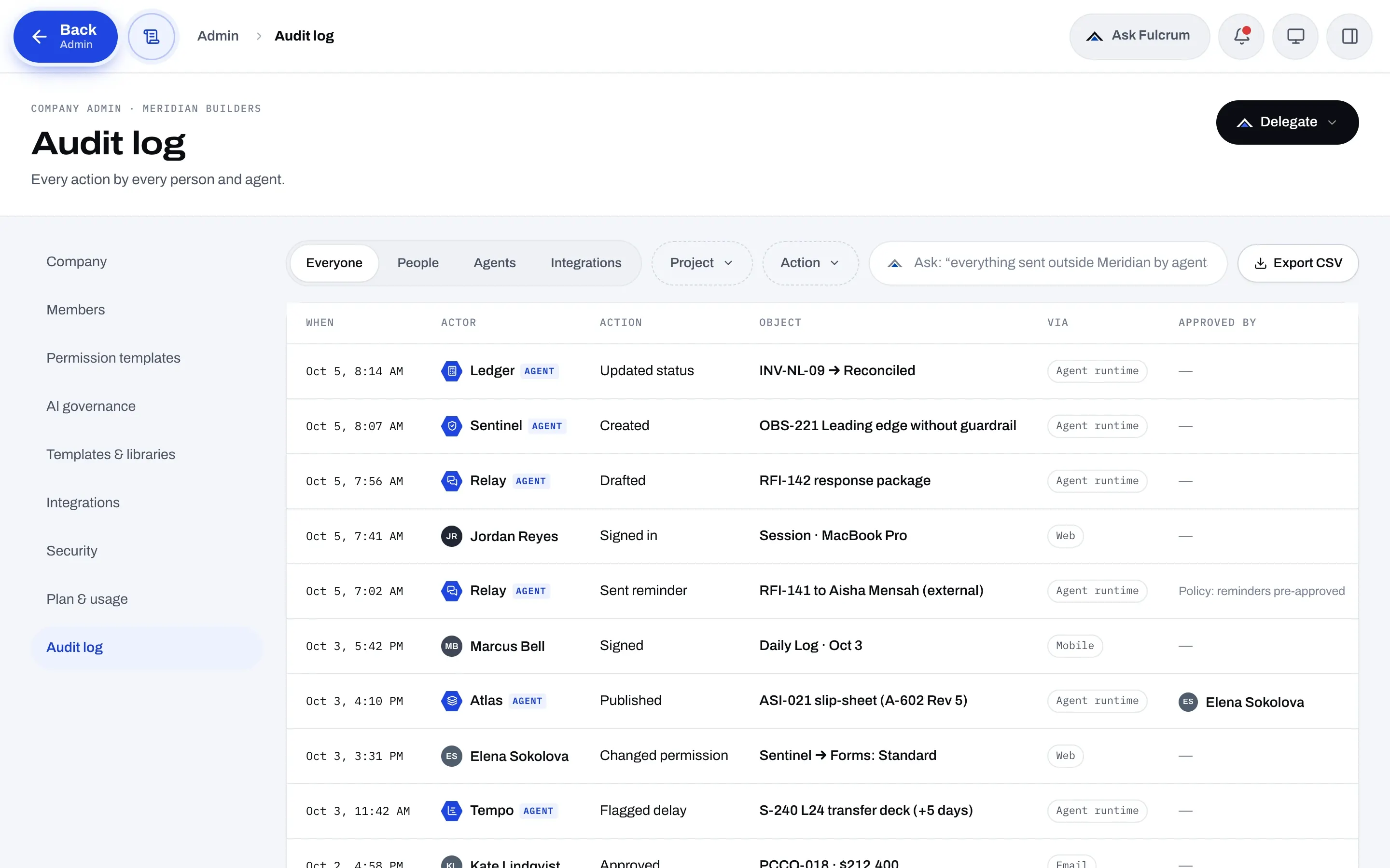 The Fulcrum audit log listing actions by people and agents with timestamps, objects, and approvals.