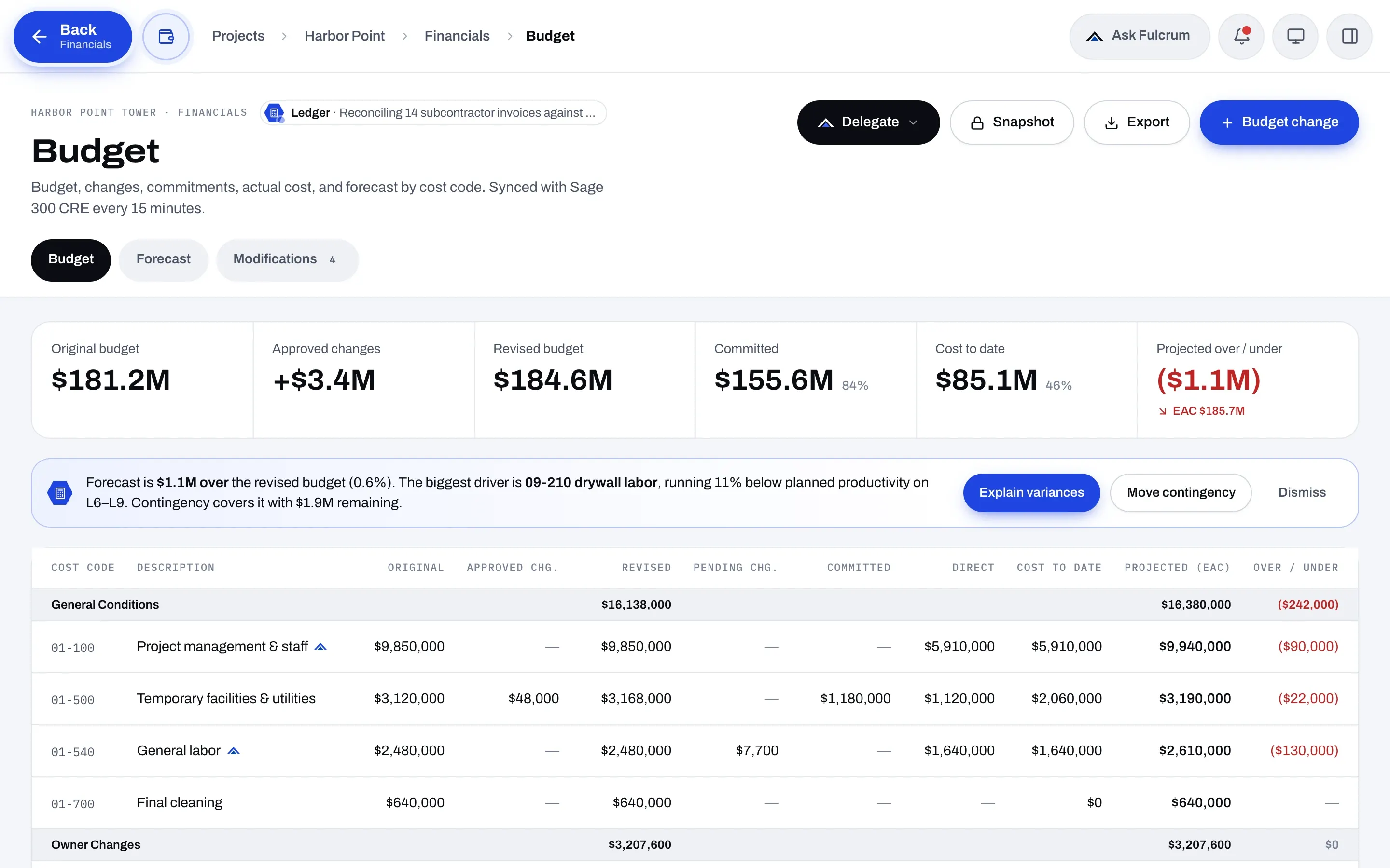 Fulcrum Budget by cost code with original budget, approved changes, committed costs, and projected cost at completion.