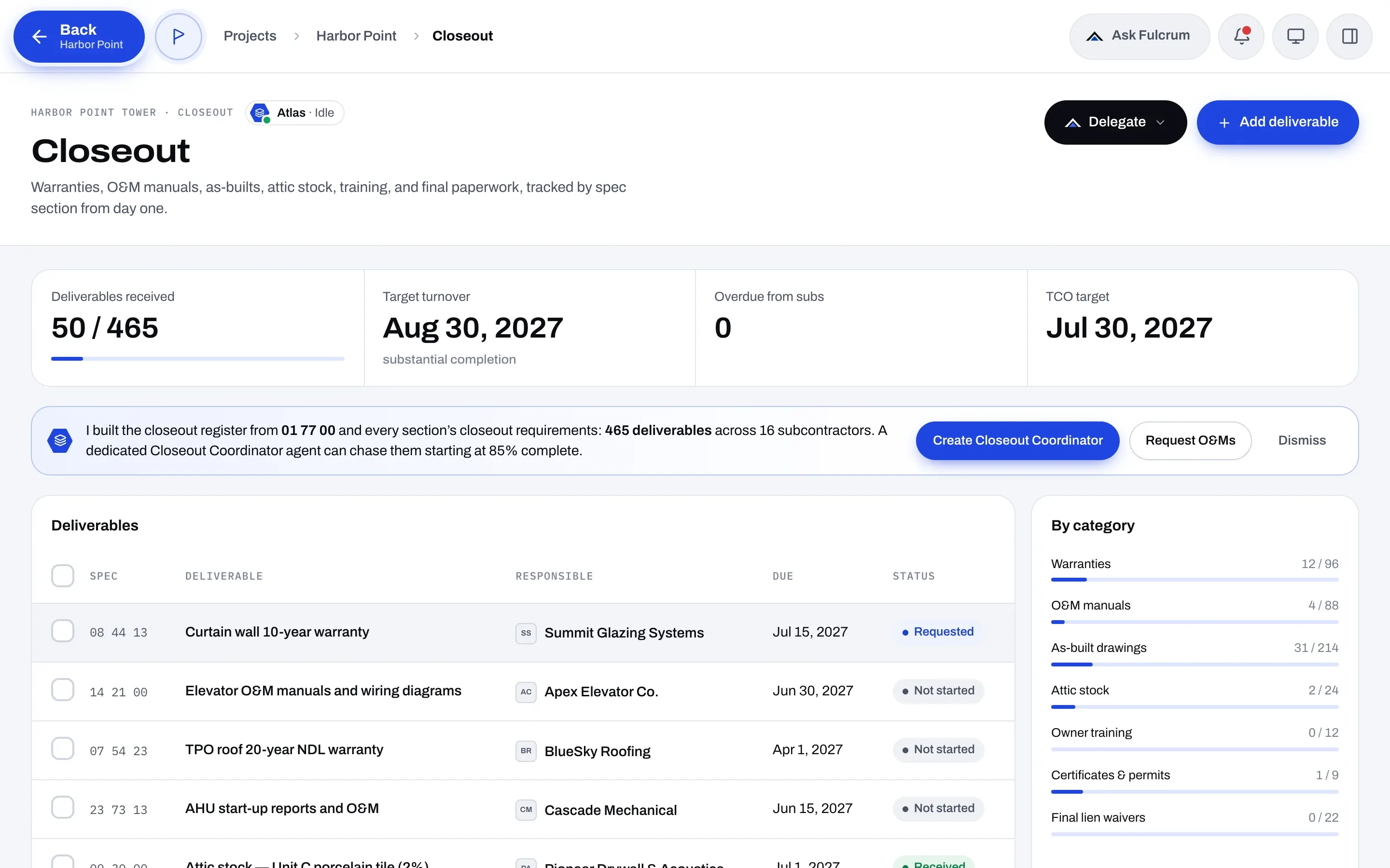 Fulcrum Closeout register with deliverables received, target turnover date, and deliverables by category.