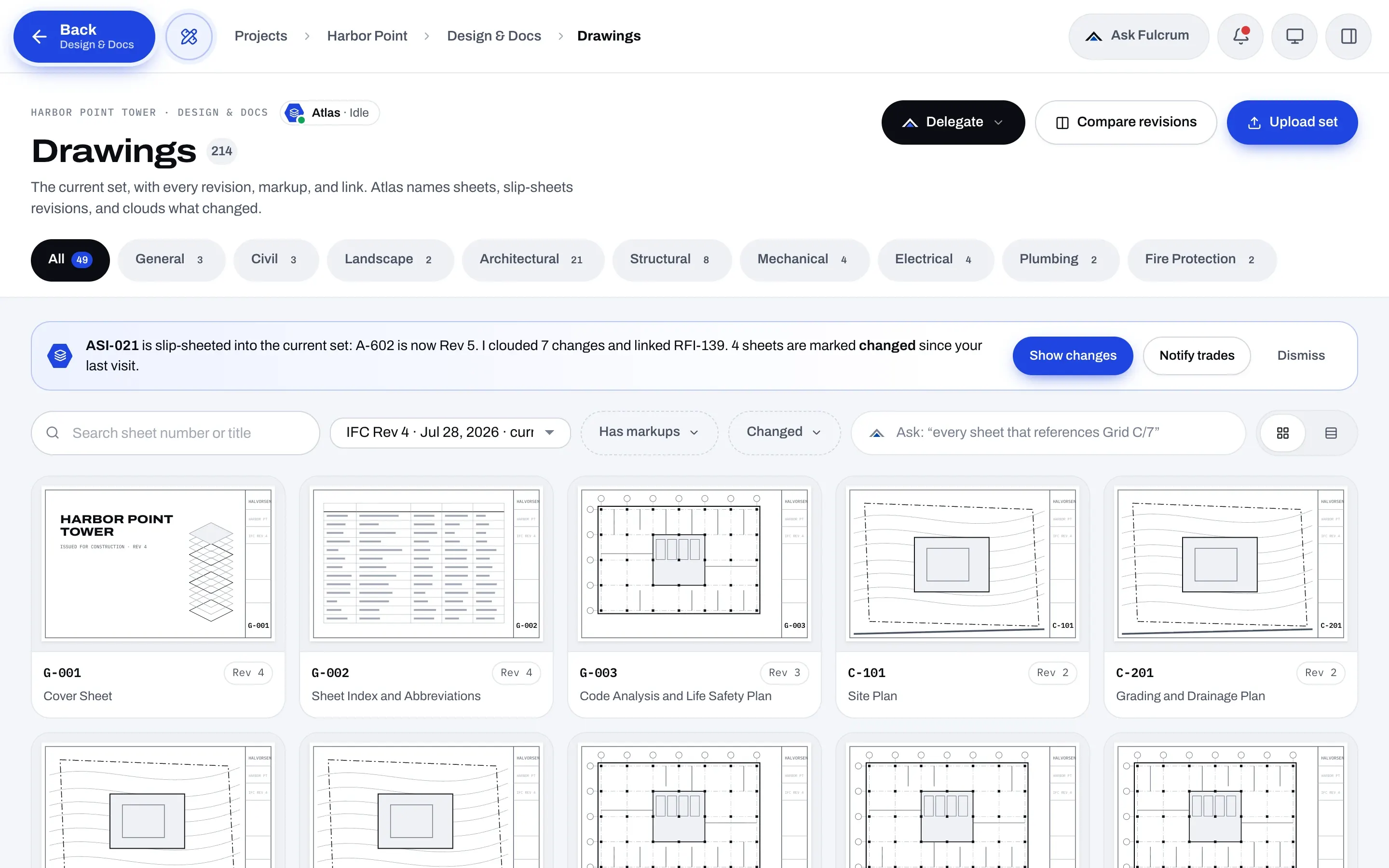 Fulcrum Drawings page with the current drawing set, revisions, and markups.