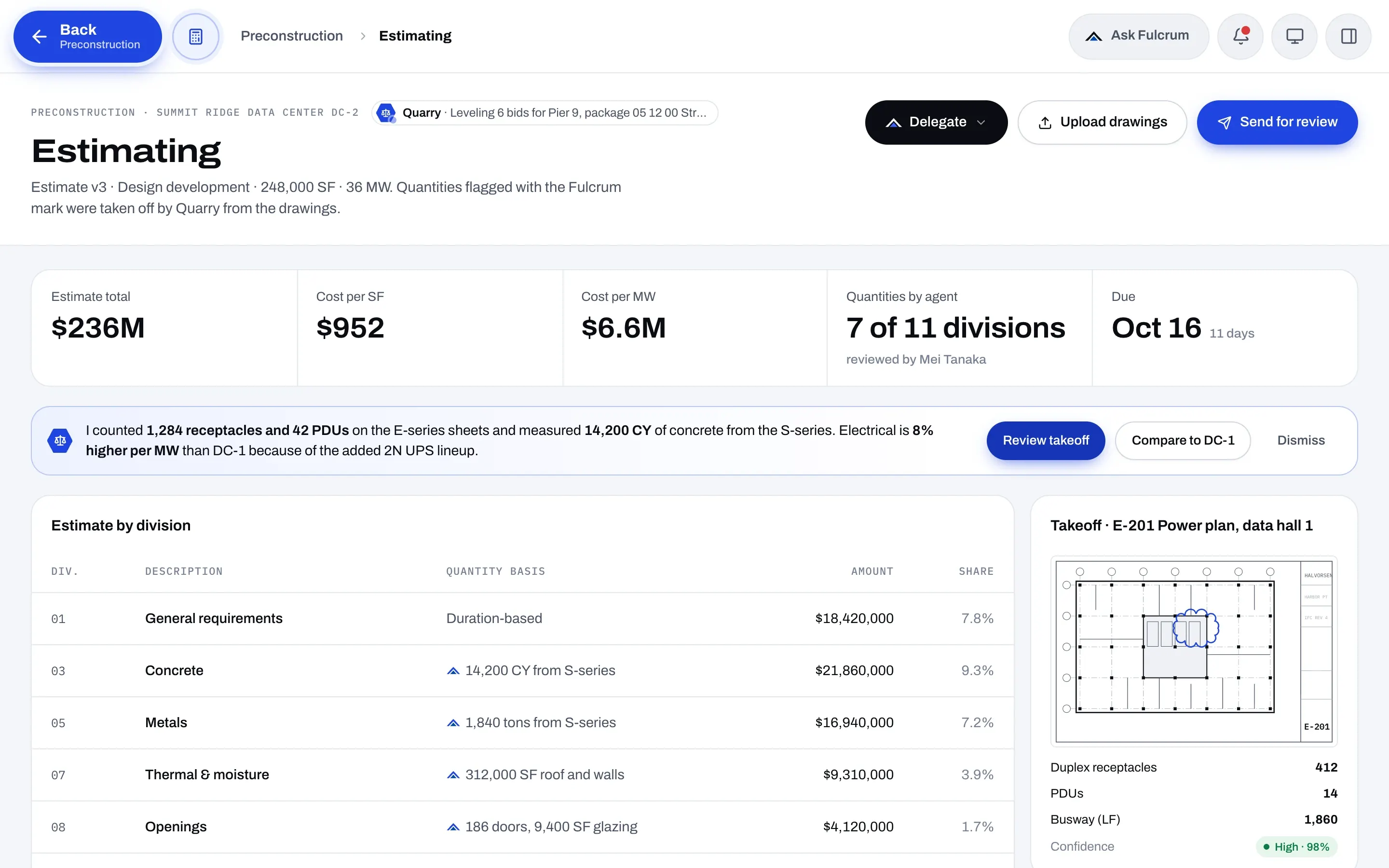 Fulcrum Estimating page with an estimate by division and quantities taken off by an agent.