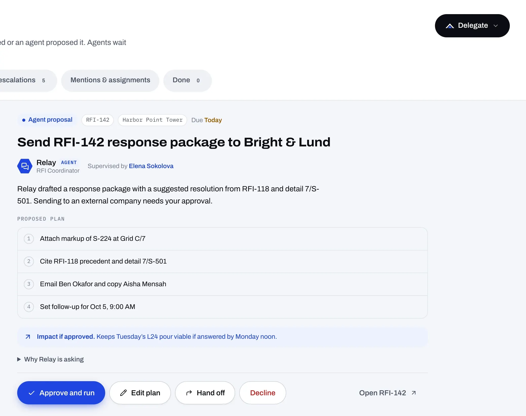 An agent proposal in the Fulcrum Inbox to send the RFI-142 response package, with a proposed plan and its schedule impact.