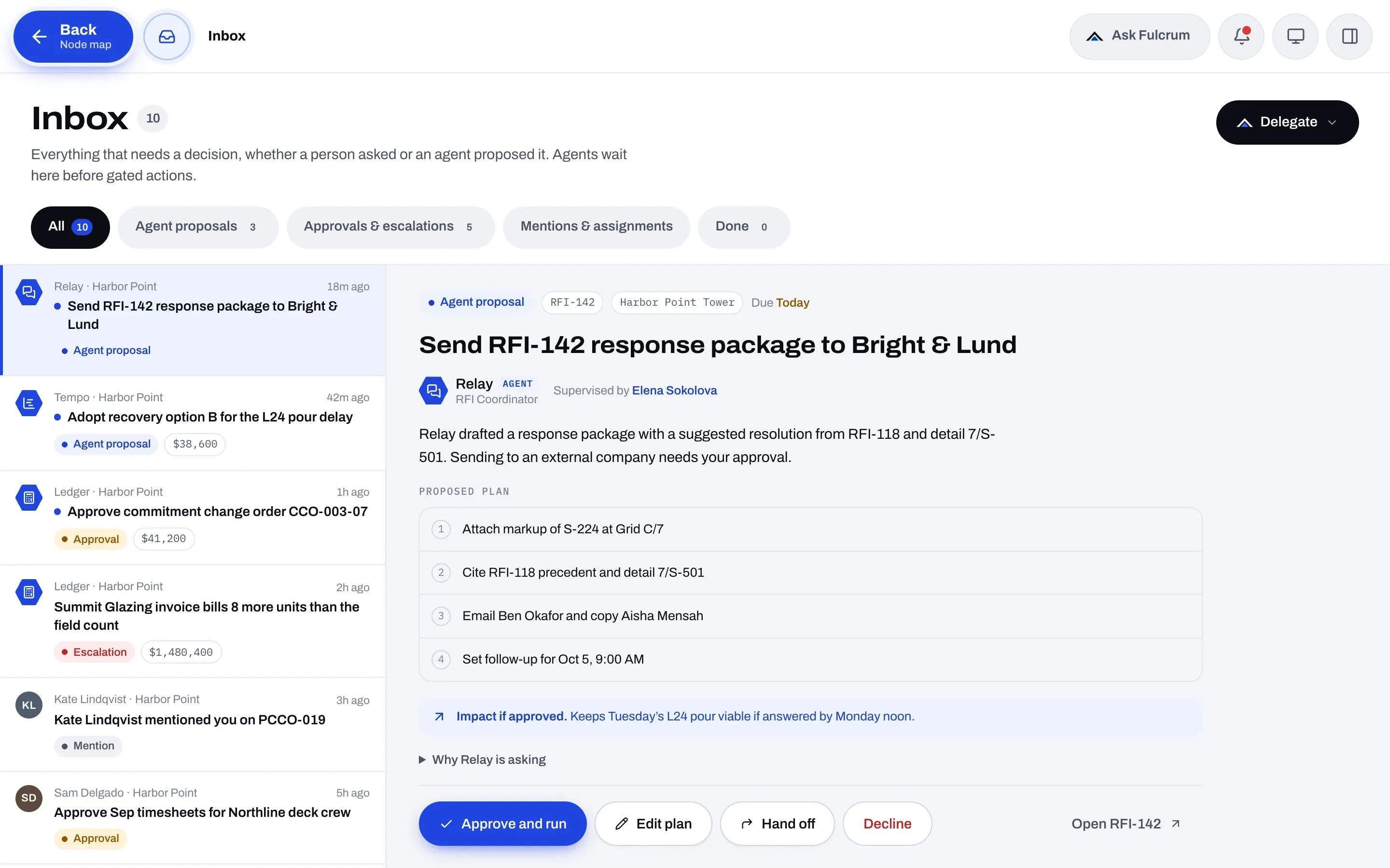 Fulcrum Inbox with agent proposals, approvals, and escalations waiting on a project manager.