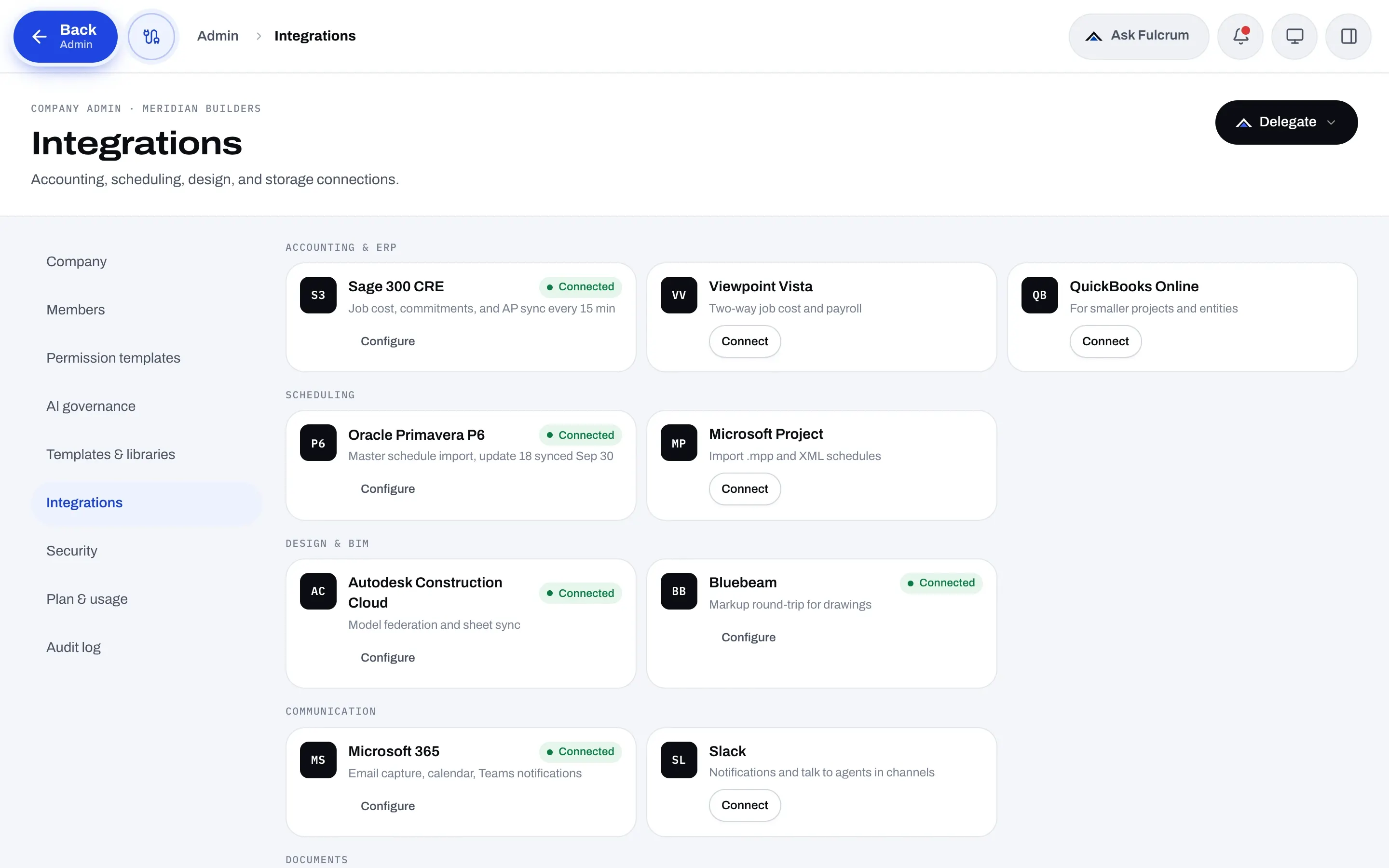 The Integrations page in Fulcrum Admin with accounting, scheduling, design, and communication connections.