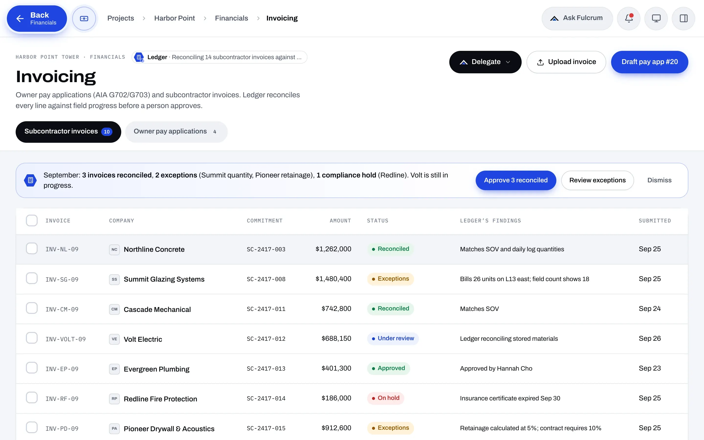 Owner pay applications and subcontractor invoices in Fulcrum.
