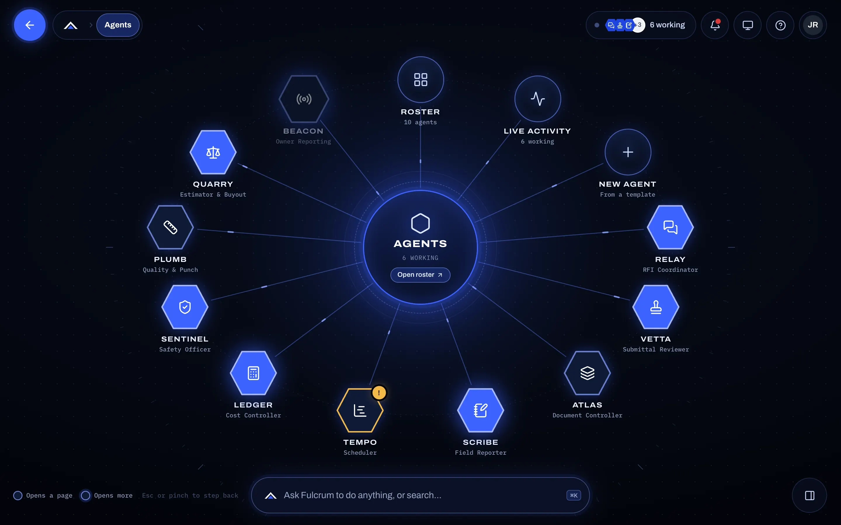 The Agents node on the Fulcrum map: Relay, Vetta, Atlas, Scribe, Tempo, Ledger, Sentinel, Plumb, Quarry, and Beacon as hexagonal nodes around the Agents hub, with Roster, Live activity, and New agent.