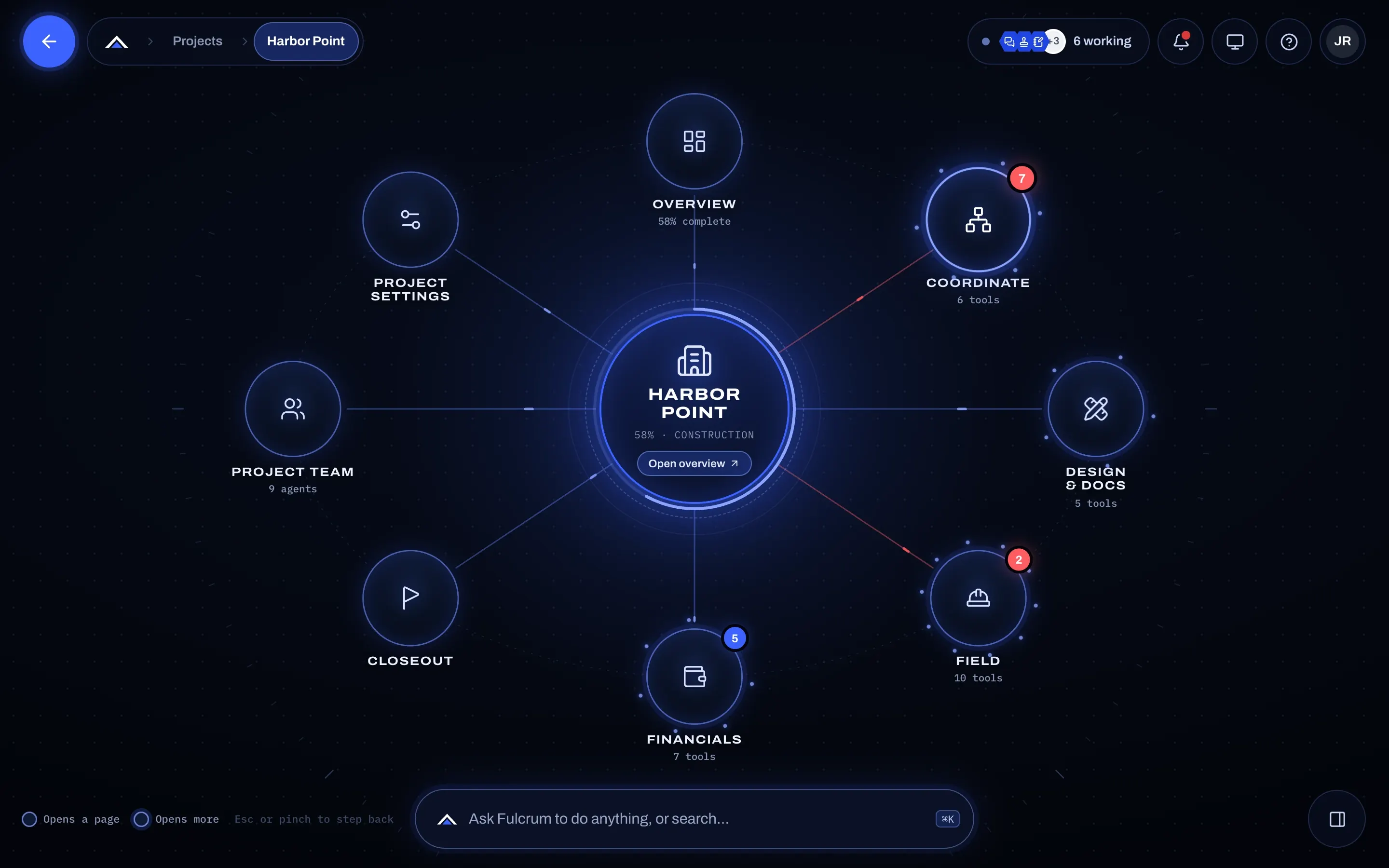 The Harbor Point project on the Fulcrum node map, with Overview, Coordinate, Design & Docs, Field, Financials, Closeout, Team, and Settings around it.