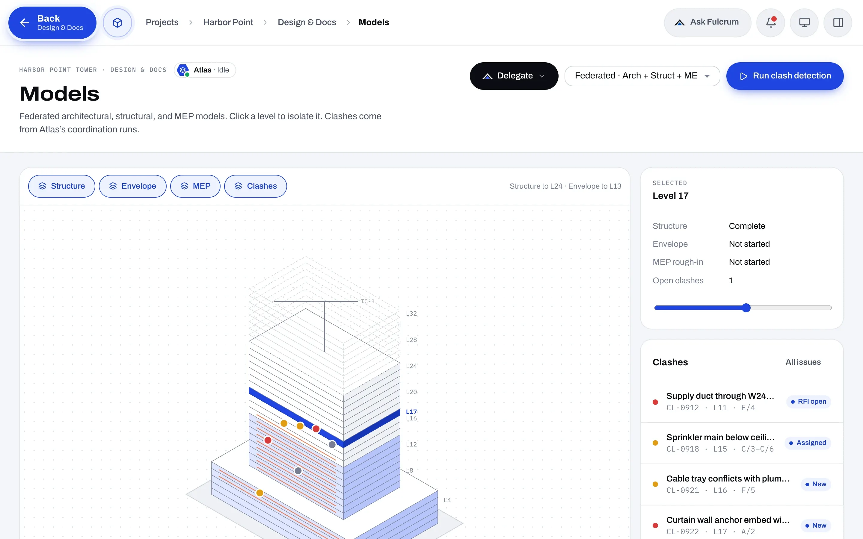 Federated building model in Fulcrum with a selected level and a list of open clashes.