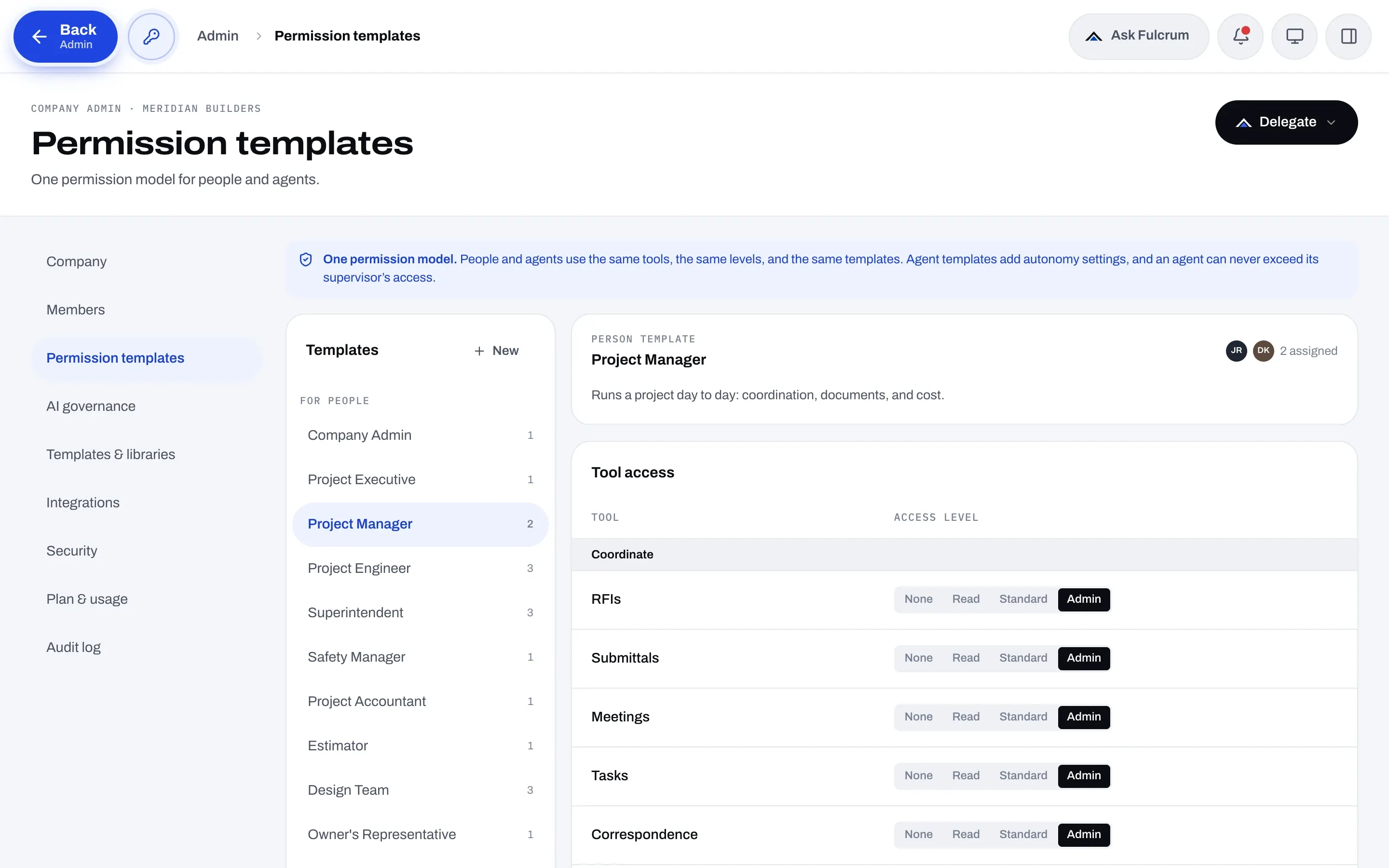 Fulcrum permission templates with tool access levels for a Project Manager template.