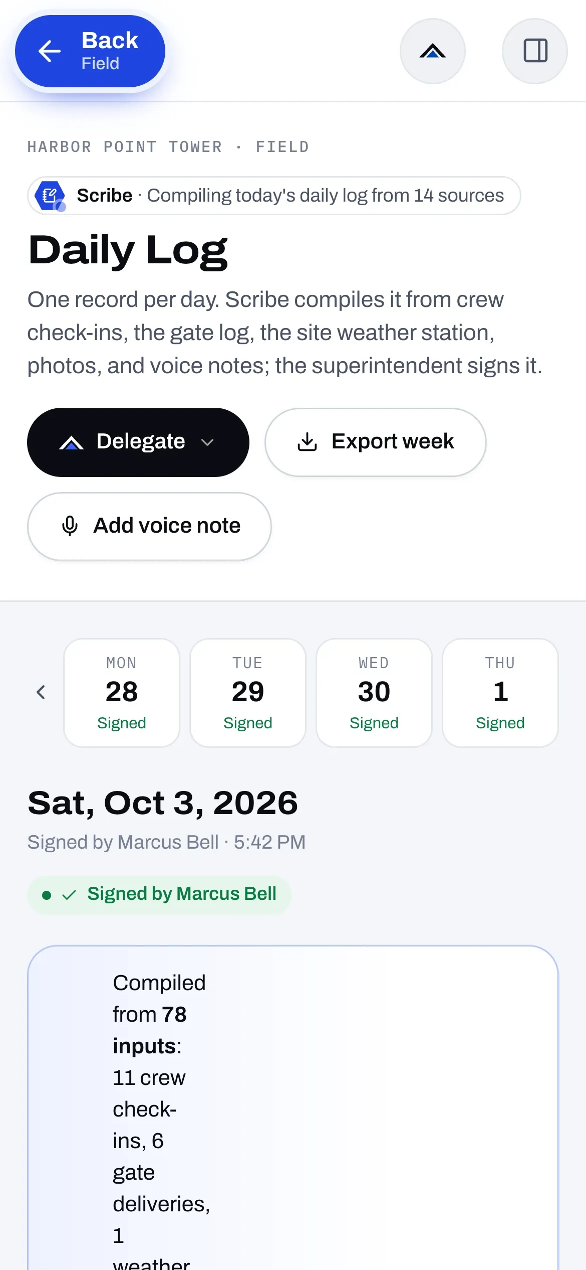 The Daily Log on a phone, compiled by the Scribe agent.