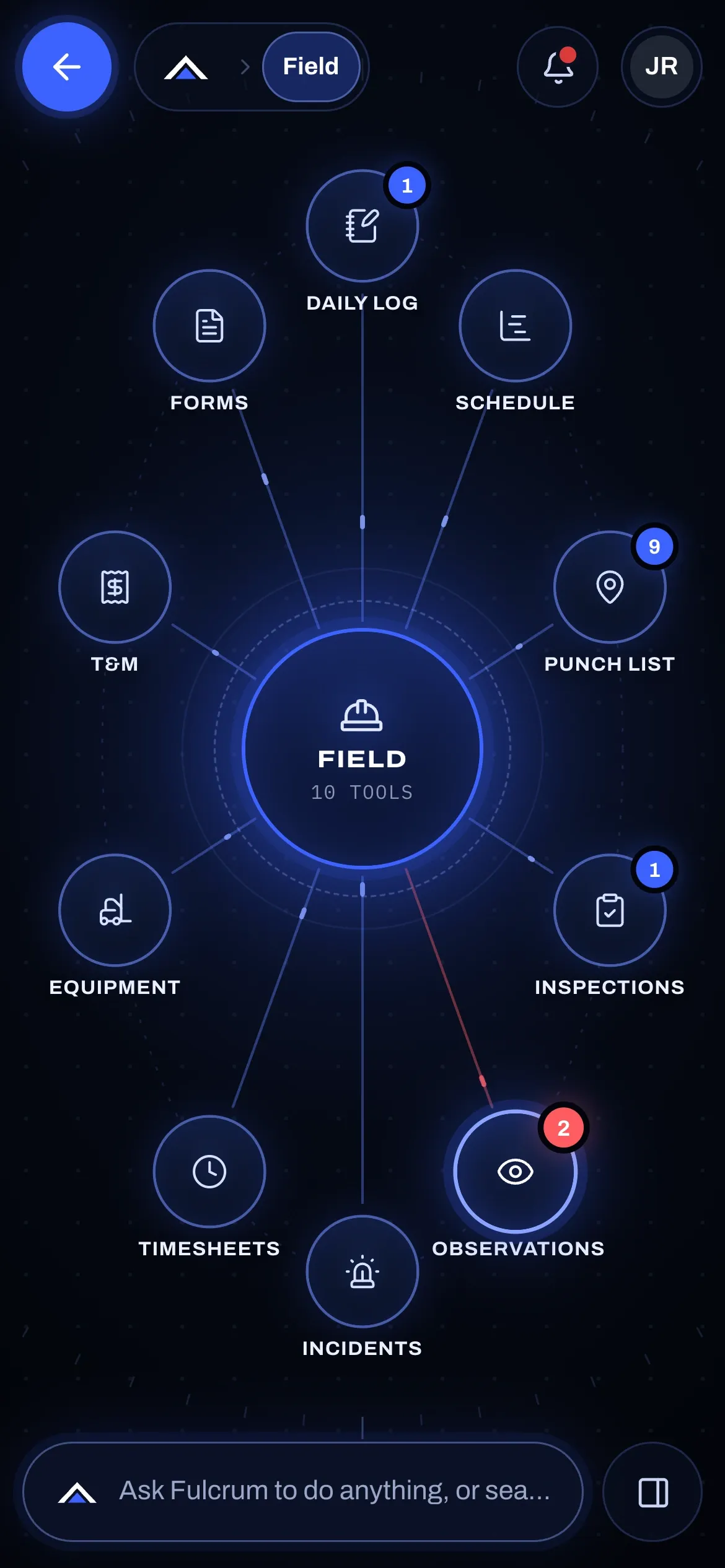 The Field node on a phone, with Daily Log, Schedule, Punch List, Inspections, and other tools around it.
