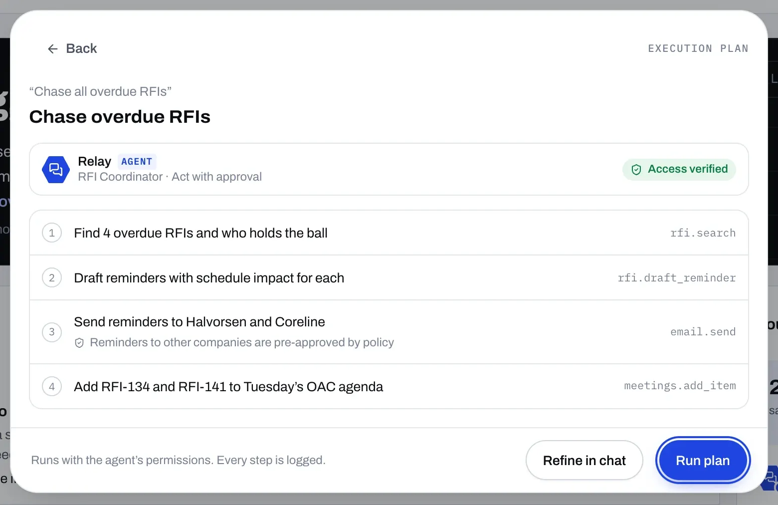 An execution plan in Fulcrum for chasing overdue RFIs, with four steps, the agent that will run them, and the tools each step uses.