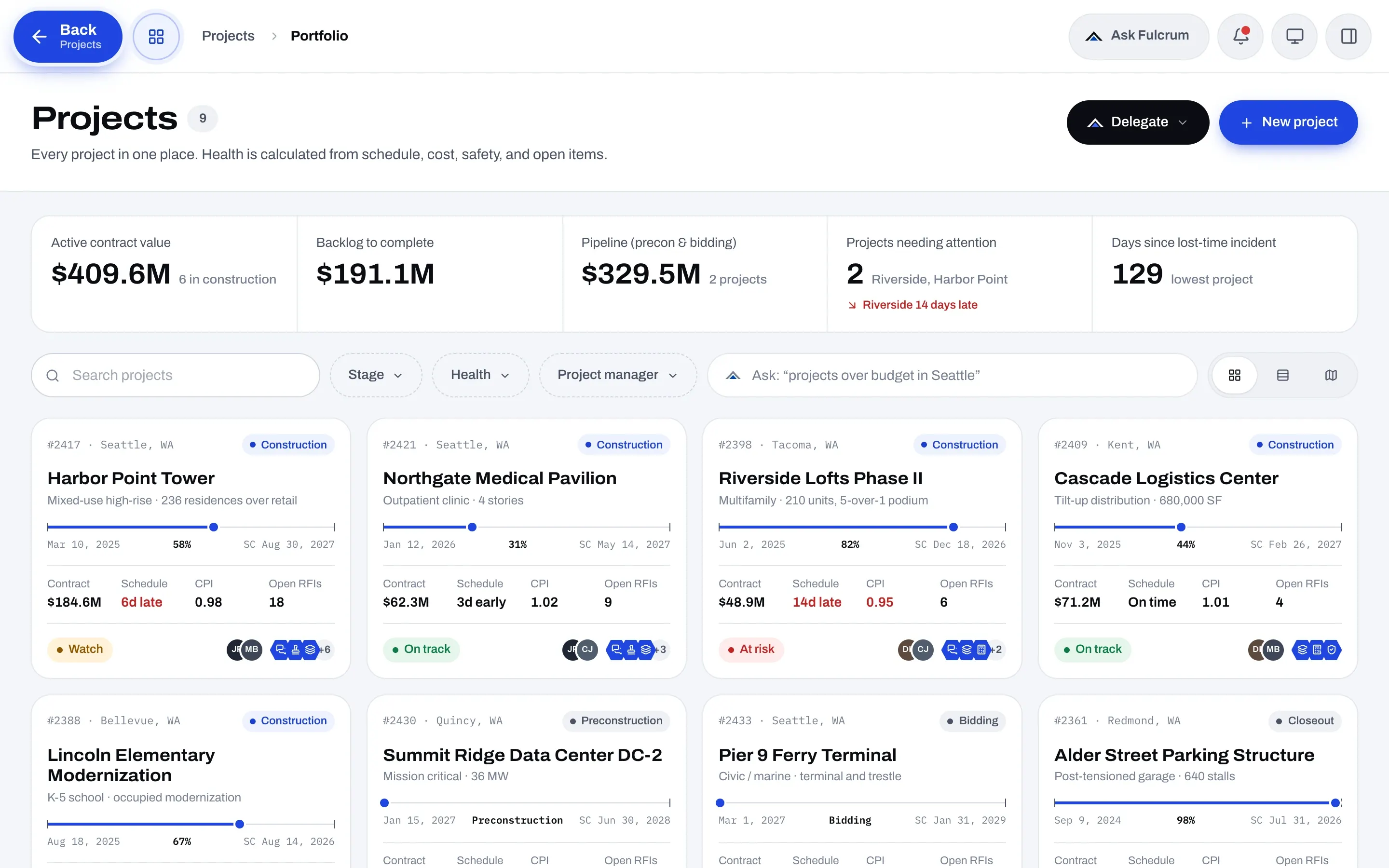 Fulcrum project portfolio with contract value, schedule, CPI, and health for every project.