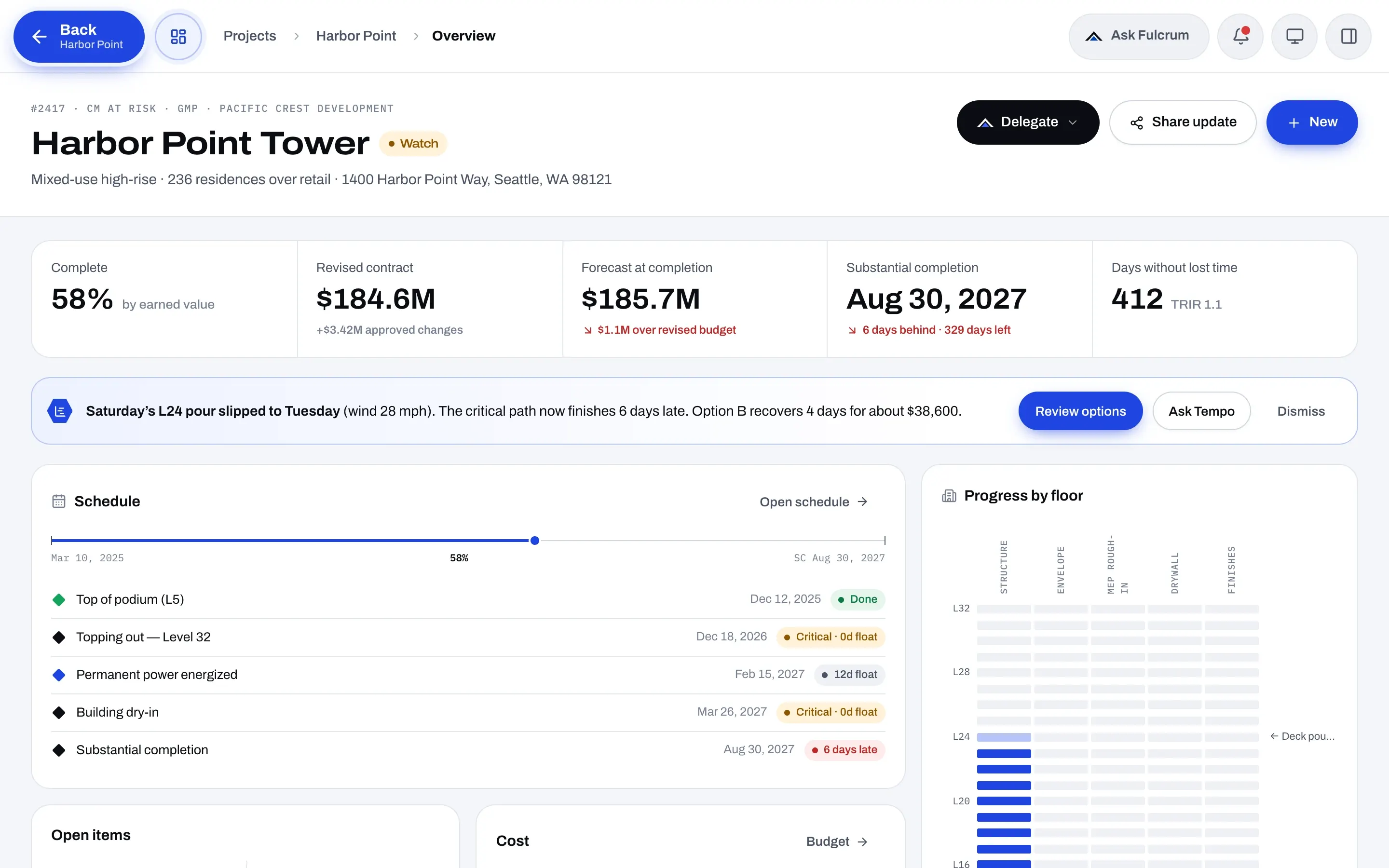 Fulcrum project overview with schedule milestones, progress by floor, and recent site photos.