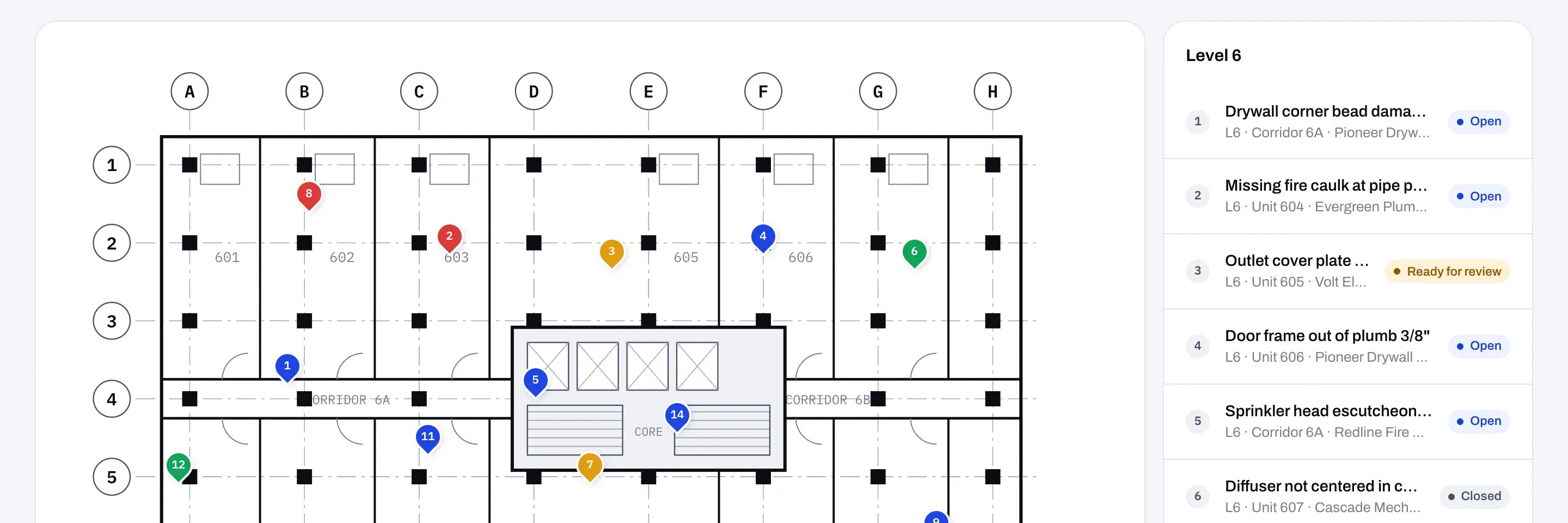 Floor plan with numbered punch items pinned by location and colored by status.